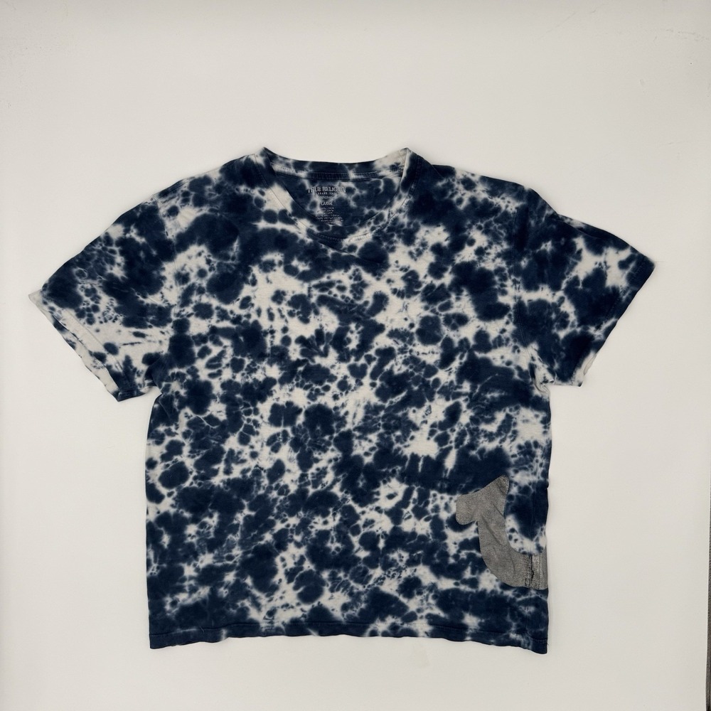 True Religion Shirt Womens Large Blue Tie Dye Tee Big Logo Casual Short Sleeve
